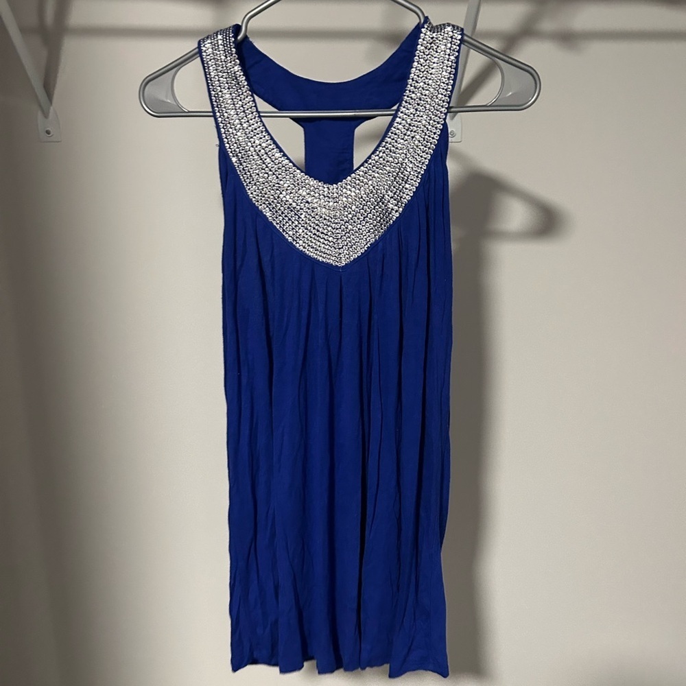 Elegant Blue Sleeveless Top with Silver Accents